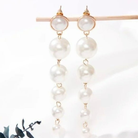 NEW Bohemian Big Faux Pearls String Dangle Long Stud Earrings 3.5” Lenght - Picture 5 of 10